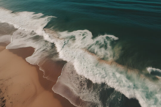 Aerial shot of a beautiful splashing wave over a clean sandy beach. Generative AI