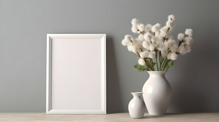 Mock up white frame and vase on a table. Generative AI