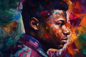 Portrait of a beautiful young african american man. Colorful modern hand painted art with geometric shapes. Generative AI