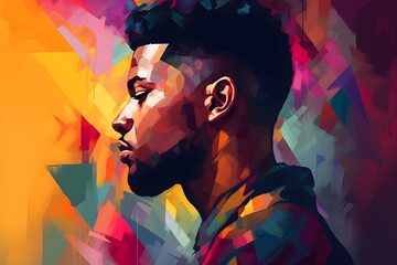 Portrait of a beautiful young african american man. Colorful modern hand painted art with geometric shapes. Generative AI