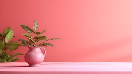 Empty table on bright pink wall background. Composition with leaves shadow on the wall and pink table. Mock up for presentation. Generative AI