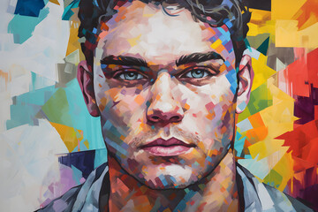 Portrait of a beautiful young caucasian man. Colorful modern hand painted art with geometric shapes. Generative AI
