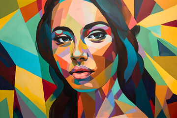 Fototapeta na wymiar Portrait of a beautiful young latino woman. Colorful modern hand painted art with geometric shapes. Generative AI