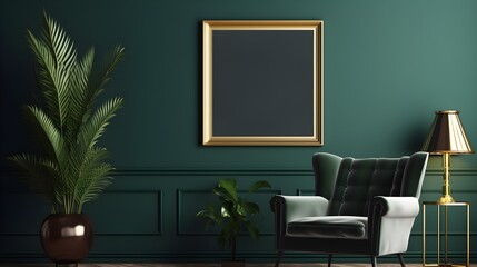 interior of a room with a chair and a frame on dark green wall. Generative AI