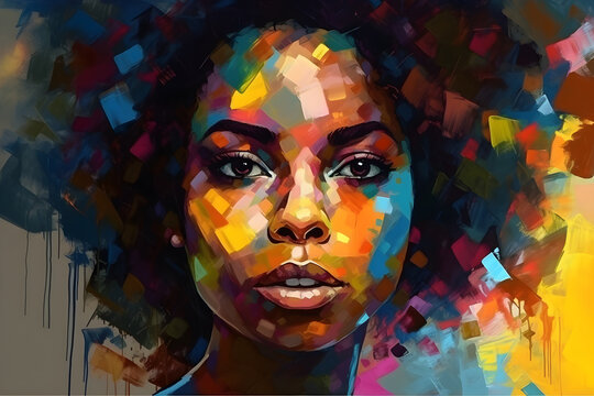 Portrait of a beautiful young african american woman. Colorful modern hand painted art with geometric shapes. Generative AI