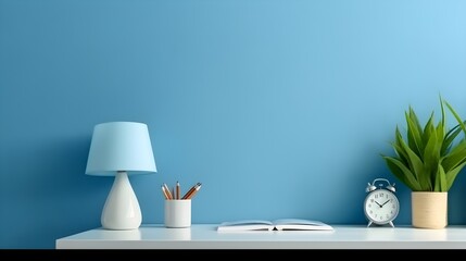 Office table, empty desk with supplies and blue wall copy space. Generative AI