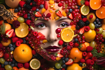 Obraz na płótnie Canvas Woman face combined with summer fruits. Colorful conceptual illustration. Generative AI
