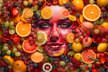 Woman face combined with summer fruits. Colorful conceptual illustration. Generative AI