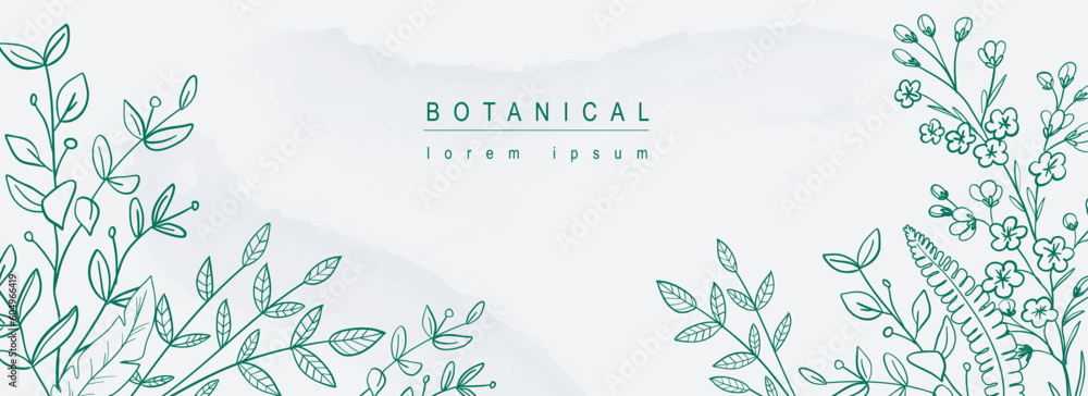 Poster botanical abstract background with floral line art design. horizontal web banner in minimal style wi