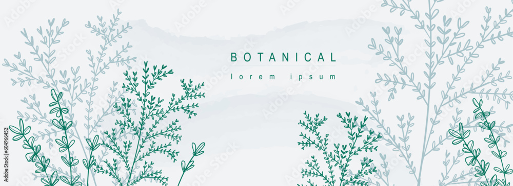 Poster Botanical abstract background with floral line art design. Horizontal web banner in minimal style with hand drawn green leaves, twigs and plant branches with silhouette contours. Vector illustration.