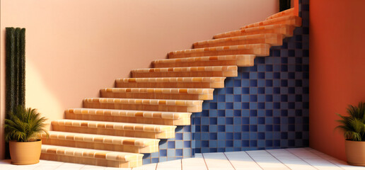 a white wall facing yellow stair steps