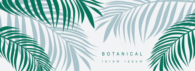 Fototapeta na wymiar Botanical abstract background with floral line art design. Horizontal web banner in minimal style with green leaves of palm trees, tropical plant foliage with silhouette contours. Vector illustration.