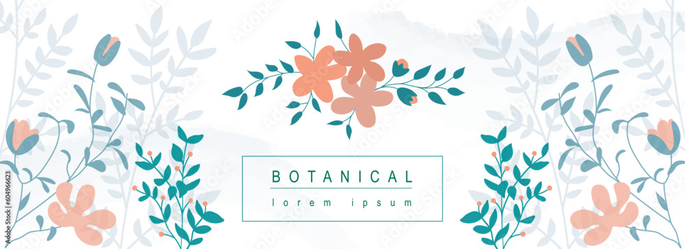 Poster botanical abstract background with floral line art design. horizontal web banner in minimal style wi
