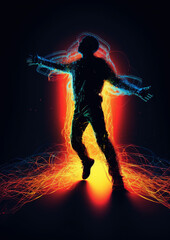 A silhouetted male figure expressing his emotion traced out by lines of energy flowing him on a dark background. Created by Generative AI.  