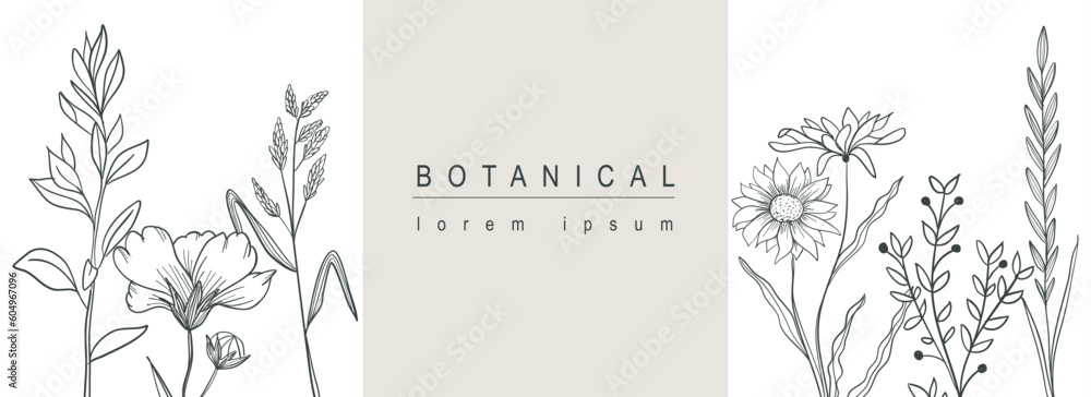 Poster Botanical abstract background with floral line art design. Horizontal web banner with minimal hand drawn composition of different flowers, twigs with leaves and foliage plants. Vector illustration.