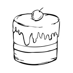 Cake with cherry. Drawing of vector muffin for cafe. Small simple cupcake drawn by liner.