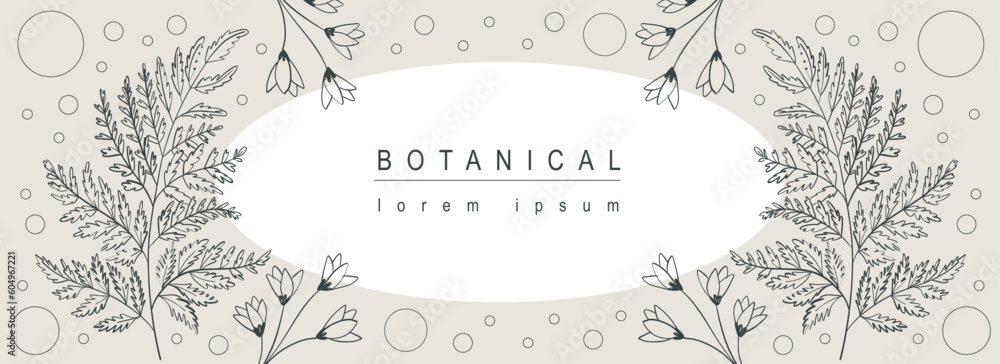 Poster Botanical abstract background with floral line art design. Horizontal web banner with vignetting circle frame composition of spring blooming wildflowers and twigs with leaves. Vector illustration.