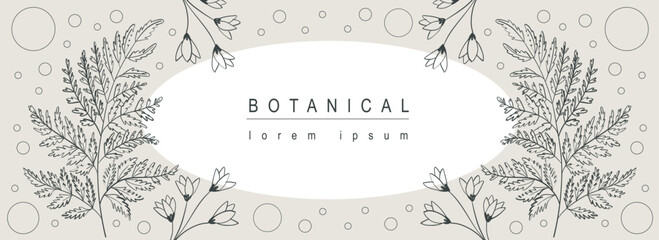 Botanical abstract background with floral line art design. Horizontal web banner with vignetting circle frame composition of spring blooming wildflowers and twigs with leaves. Vector illustration.