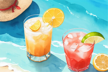 Vector illustration in a watercolor style. Summer cooling cocktails with fruit slices on the background of the beach.
