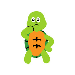 Cute and funny green turtle with brown shell. Side view of happy tortoise character standing isolated on white background. Childish colored flat vector illustration