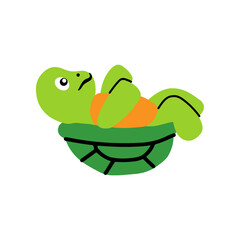 Cute and funny green turtle with brown shell. Side view of happy tortoise character standing isolated on white background. Childish colored flat vector illustration