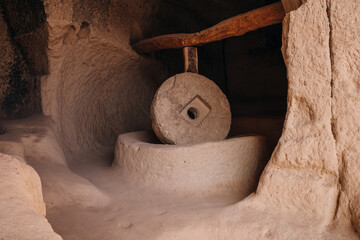 Cave town and rock formations in Zelve Valley, Cappadocia, Turkey - feb 2023 - obrazy, fototapety, plakaty