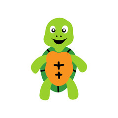 Cute and funny green turtle with brown shell. Side view of happy tortoise character standing isolated on white background. Childish colored flat vector illustration