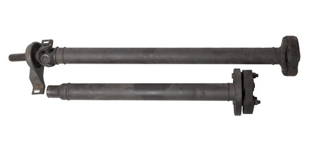 propeller shaft of a car with a steel rod, a sliding fork and an intermediate bearing for transmitting torque. Spare part for sale or replacement in a auto service.