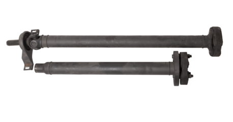 propeller shaft of a car with a steel rod, a sliding fork and an intermediate bearing for transmitting torque. Spare part for sale or replacement in a auto service.