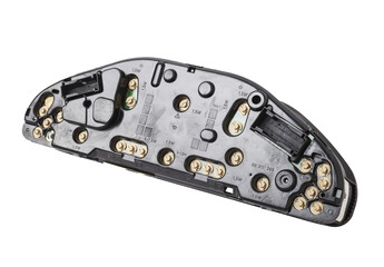 The dashboard of the car with white arrows with a speedometer, tachometer and other tools to...