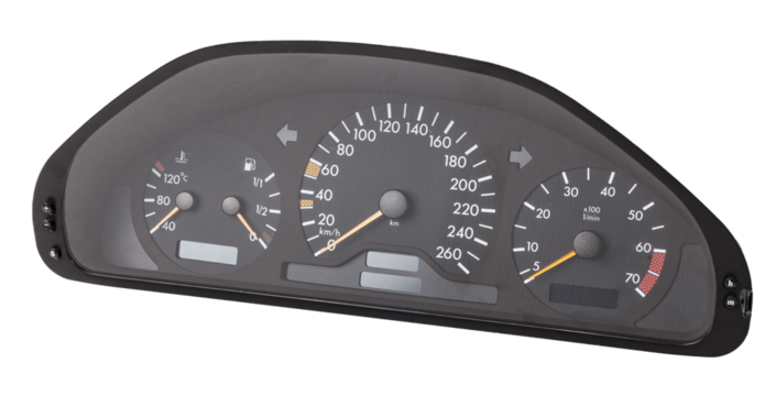 The dashboard of the car with white arrows with a speedometer, tachometer and other tools to monitor the condition of the vehicle in modern style on white isolated background