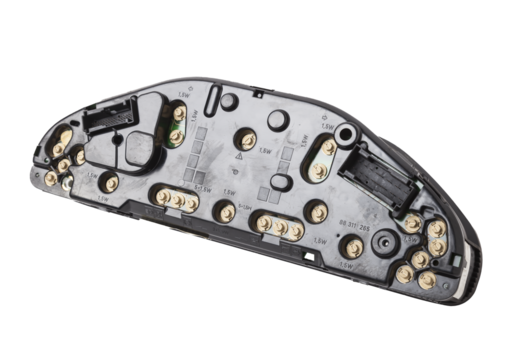 The dashboard of the car with white arrows with a speedometer, tachometer and other tools to monitor the condition of the vehicle in modern style on white isolated background