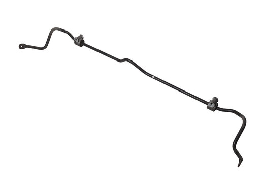Metal anti-roll bar stabilizer - a device in vehicle suspension that serves to reduce lateral rolls in corners, it was used on a white isolated for installation or repair in workshop