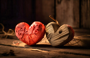 Fototapeta premium two pink heart shaped paper stocks on wooden background