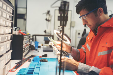 Male engineer worker working in workshop. Male technician worker and robot arm model