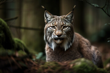 Naklejka na ściany i meble Image of a lynx or bobcat in the forest on natural background. Wild Animals. illustration. Generative AI.