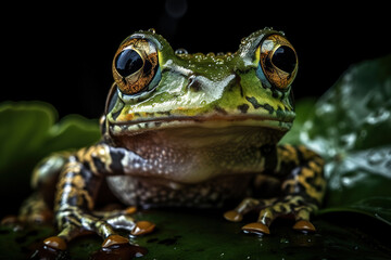 Fototapeta premium Image of frog on green leaf. Amphibian. Animals. Illustration. Generative AI.
