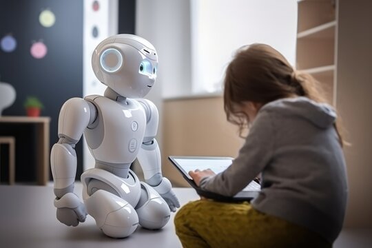 A robot helping with the homework, future of AI, children. Generative AI 