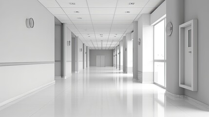  a long corridor is used in a medical office, in the style of monochromatic white figures, sparse backgrounds.