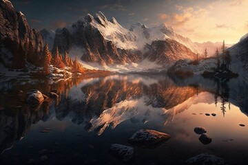 Fototapeta na wymiar A panoramic view of a majestic mountain range during golden hour. The peaks are dusted with snow, and the warm sunlight casts a soft glow on the rugged terrain, generative AI