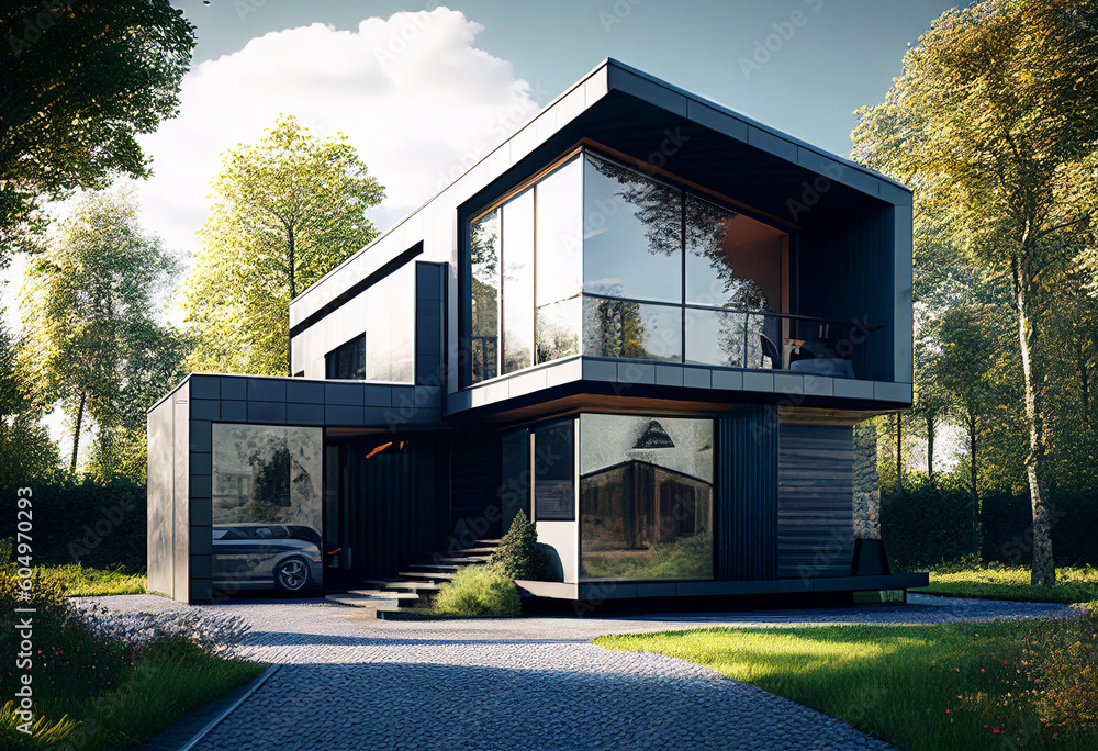 Wall mural contemporary modern house. architect's house. modern house with large windows. real estate. real est