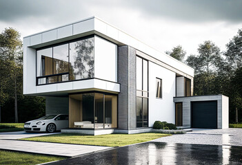 Fototapeta premium Contemporary modern white house. Architect's house. Modern house with large windows. Real estate. Real estate agency. Real estate agent 