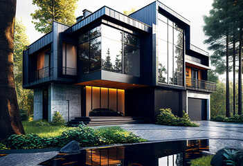 Contemporary modern black house. Architect's house. Modern house with large windows. Real estate. Real estate agency. Real estate agent
