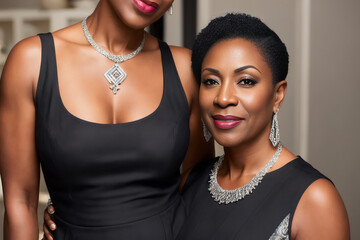 Digital portrait of a mature beautiful african american, submissive, woman wearing a long black sleeveless cocktail dress. Concept of active life. Generative AI