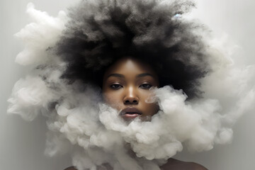 Generative AI illustration of a black woman making a serious gesture with her head surrounded by smoke