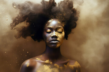 Generative AI illustration of a black woman making a serious gesture with her head surrounded by smoke