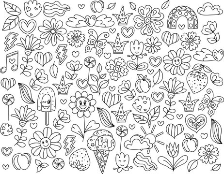 Think positive. Hand drawn coloring pages for kids and adults. Beautiful drawings with patterns. Doodle background. Coloring book pictures with blooming flowers, smiles.