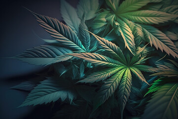Fototapeta na wymiar Abstract background of marijuana leaves, top view. Generative AI