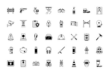 Protection and safety in the workplace, icon set. job area safety icons. Notification and warning of danger. 
