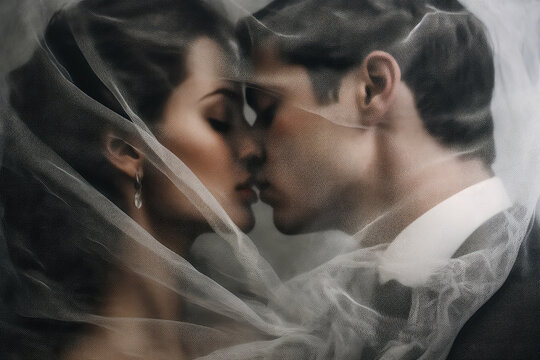 Generative AI Illustration of a newly married couple kissing on the lips